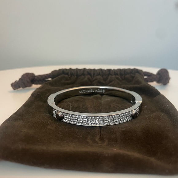 Michael Kors Crystal Pave Rhinestone Silver Tone Pave Hinge Bangle Bracelet - Picture 2 of 4
